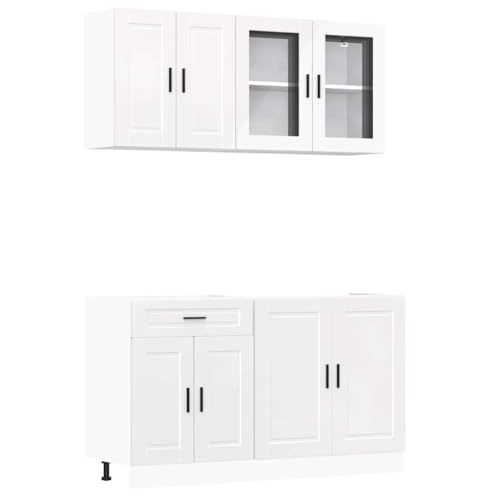 Eleganz Juego de 4 muebles de cocina Kalmar blanco brillante de madera y cristal – Diseño moderno para cocinas pequeñas – Ahorro de espacio y duradero
