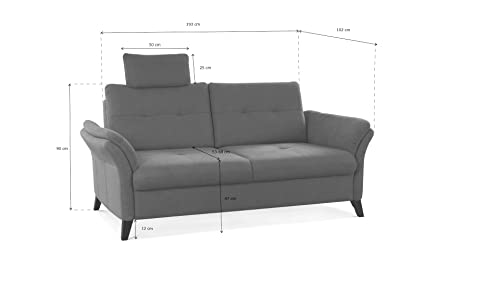 CAVADORE 3er Sofa Grönland / Skandinavische 3-Sitzer-Couch mit Federkern, Sitztiefenverstellung + Kopfstütze / 193 x 90 x 102 / Flachgewebe, Grau – Bild 4