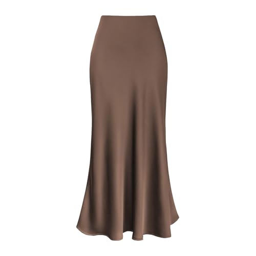 Röcke Damen Satinrock Lang Satin Rock Midi Rock Midi Satin Business Midirock Bleistiftrock Maxirock Long Skirt Satin Kleid Kaffee L