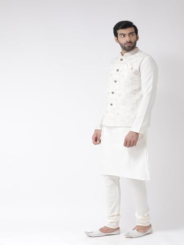 Kisah Men White Kurta With Churidar, Full Sleaves, Knee Length, Straight, Regular Fit, Mandarin Collar Ethnic Wear