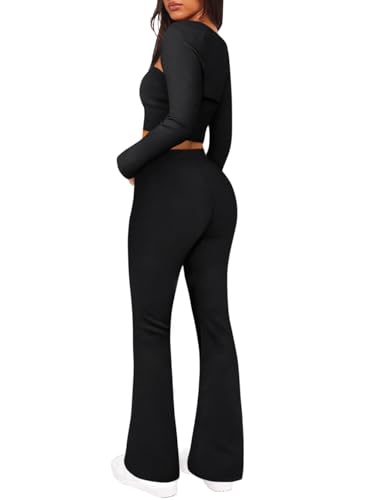 Image of REORIA Womens Fall Two Piece Sets Going Out Outfits Long Sleeve Cardigan with Tube Crop Tops And Flare Pants Lounge Sets