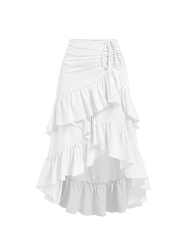 Women High Waist Summer Skirt with High-Low Hem Drawstring Ruffled Party Summer Skirt