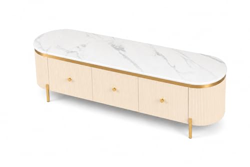 Image of Mazzo White Marble TV Unit Console | 70 inchx15 inchx18 inch | Golden Legs & Charcoal Louvers | Storage Drawers | Modern TV Stand Console Unit White Marble Top with Gold Accents, Storage (Ivory)