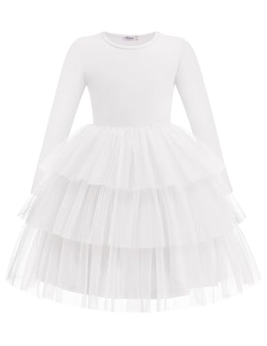 Arshiner Girls Dresses Long Sleeve Toddler Girls Tutu Formal White Wedding Tulle Dress for Little Kids 4 Years