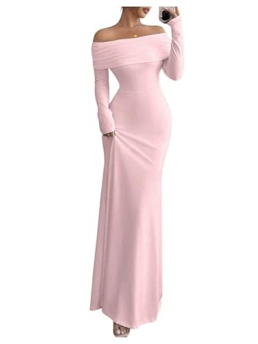 SOLY HUX Women's Long Sleeve Off The Shoulder Bodycon Dress Elegant Maxi Dress Cocktail Prom Dresses Pure Pink Medium