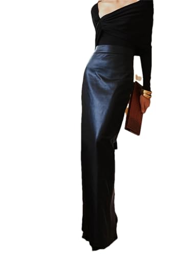 Pohullan Women Soft Pu Leather Floor Length Straight Skirt with Back Slit High Waist Extra Long Skirt