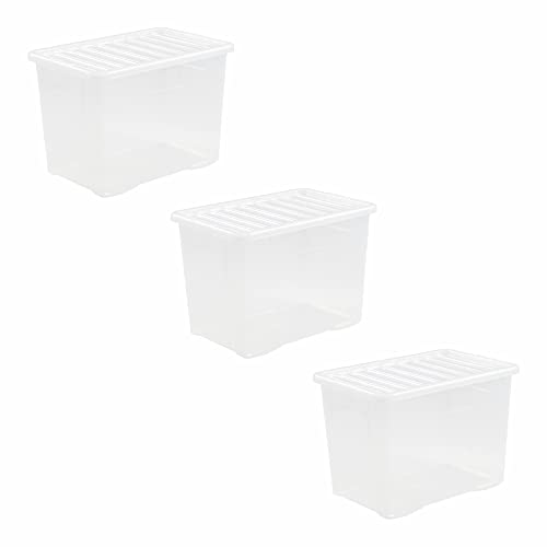 JMS we create smile 80 Litre Crystal Clear Plastic Storage Box With Secure Clip on Lid - School, Office, Home/Stackable Organizing Box/Container/Large Boxes (Pack of 3)