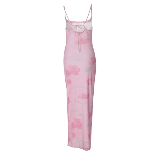Image of Women's 2025 Summer Dresses Floral Bodycon Maxi Dress Spaghetti Strap Backless Cocktail Party Long Dresses