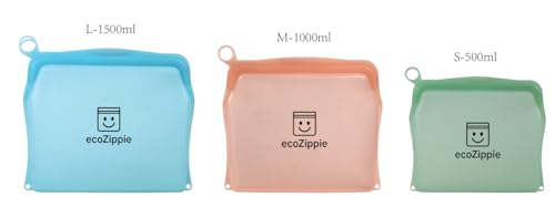 ecoZippie Premium Silicone Reusable Food Storage Bags, 3-Pack (Mixed Color), Leakproof, Multi-Use, Baby Food Friendly, Handle Design, BPA-Free, Freezer & Microwave & Oven Safe