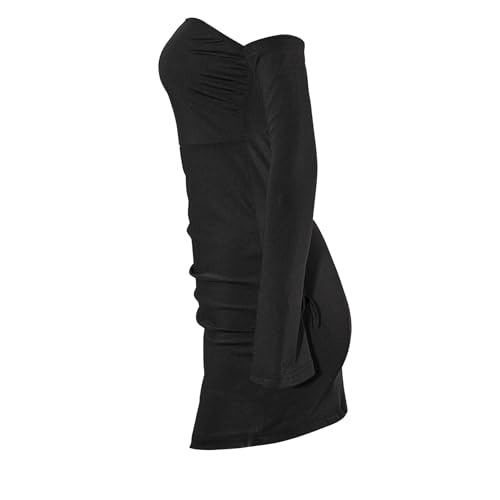 Image of Women Sexy Off Shoulder Side Slit Bodycon Mini Dress Ruched Long Flare Sleeve Night Club Party Dress
