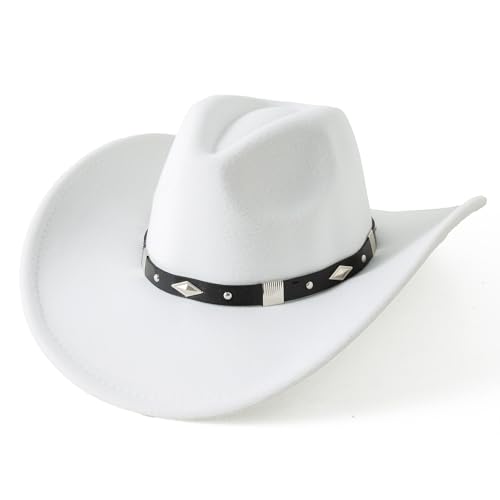 Lanzom Women Men Classic Felt Wide Brim Western Cowboy Cowgirl Hat with Belt Buckle(Medium-Large White)