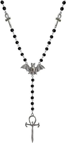 Ankh Cross Bat Necklace Religious Grunge Gothic Vampire Black Long Rosary Beaded Ancient Egyptian Necklace for Women