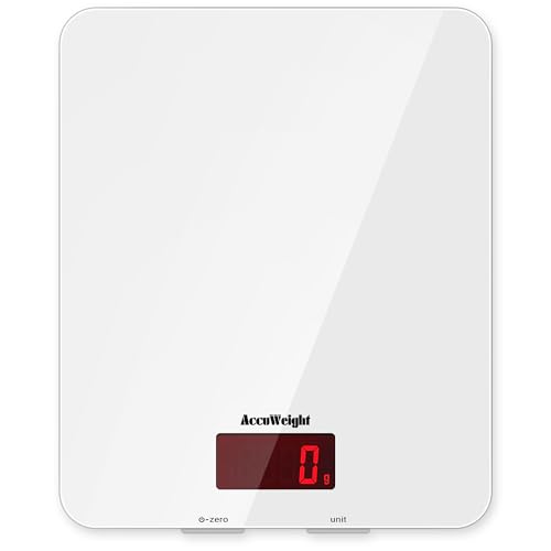 ACCUWEIGHT Bilancia da Cucina Digitale Piattaforma in Vetro Temperato, Bilancia Alimentare Multifunzionale 5 kg/11 libbre con Display LCD Retroilluminato, Funzione Tara Spegnimento Automatico Bianco