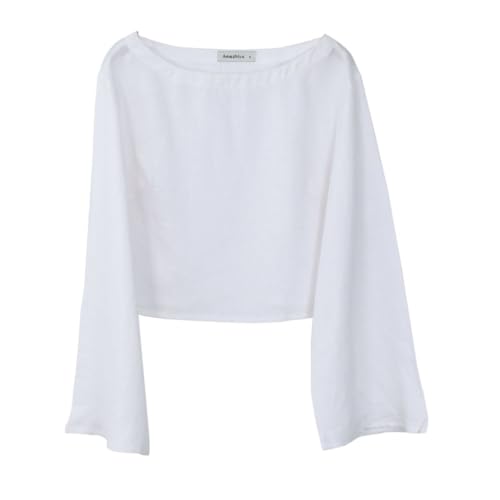 Amazhiyu Women's 100% Linen Long Sleeve Crop Top High Boat Neck Casual Blouse3