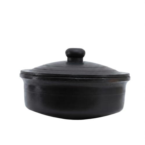Image of Black Clay Pot for Cooking with Lid | Mitti ka Bartan for Healthy Cooking | Clay Handi | Earthen Kadai | Traditional Handmade Terracotta Cookware for Serving | Natural and Organic 1.5 L