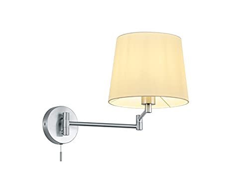 Schwenkbare LED Wandlampe mit Gelenkarm in Silber matt, Stoffschim in Weiß und Zugschalter Cover