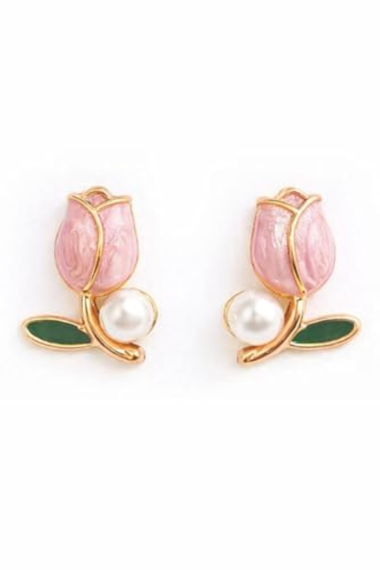 Women's Pink Tulip Flower Stud Earrings, Rose Gold Tone