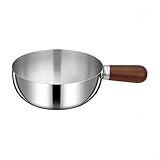 Olla de leche de acero inoxidable con mango de madera y cacerola de fondo plano compatible con estufas eléctricas de gas de inducción para salsas, ramen y tareas de cocina (16 cm)