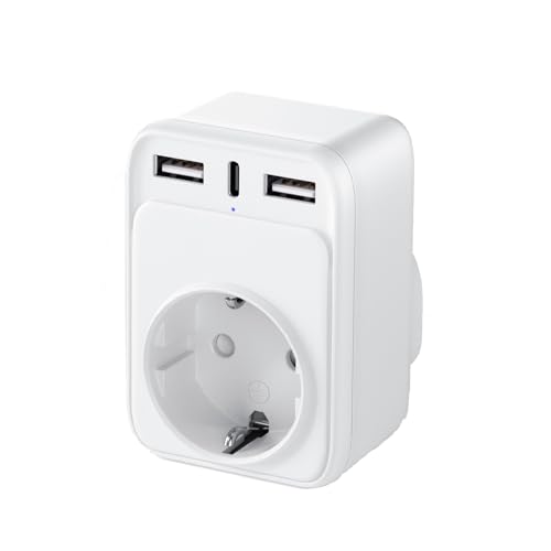 Adaptador Enchufe Ingles UK Inglaterra Adaptador de Viaje con 2USB y Tipo C, Español 2 Patas Europa hacia 3 Patas Reino Unido RU para Irlanda Escocia Britanico Maldivas (Tipo G) Blanco