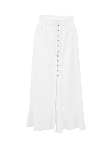 Image of Minclouse Women's Elastic Tie Waist Button Down Maxi Skirts Casual Loose Flowy Swing Slit Front Dress