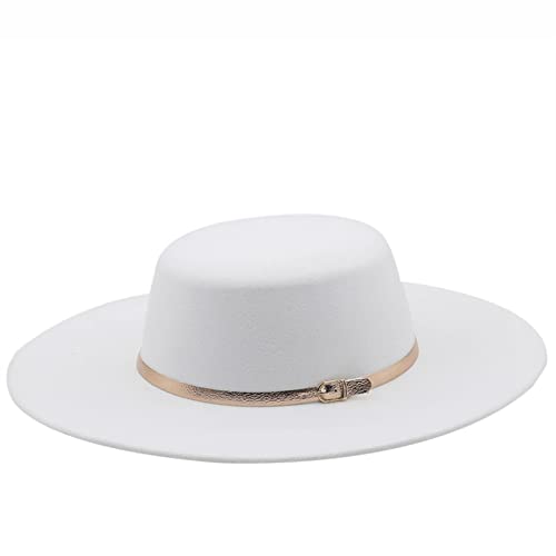 10Cm Wide Brim Fedora Hats For Men Women Solid Felt Flat Top Hat Formal Wedding Winter With Buckle Golden Belt #TOP7