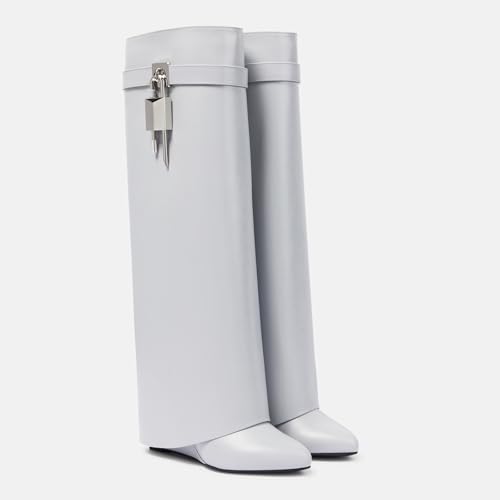 Image of Arqa Knee High Boots Womens Wedge High Heels Shark Boots Fold Over Pull-on Pointed Toe Tall Fashion Boots for Women