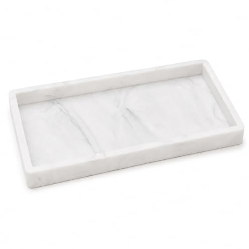 Vanity Tray for Bathroom Counter, Non-Slip Shatterproof Countertop Organizer Tray, Silicone Tray for Perfume, Jewelry, Keys, Cosmetics and Kitchen Storage, Marble-White 7.9 x 4 in