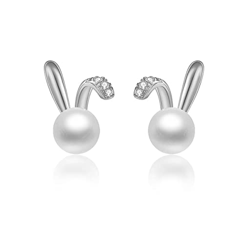SLUYNZ 925 Sterling Silver Easter Rabbit Bunny Studs Earrings for Women Teen Girls Pearl Rabbit Earrings Studs