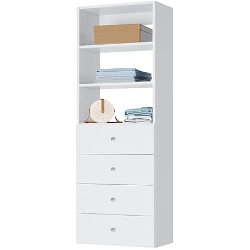 Modular Closet System Tower - With Drawers (4) - Corner Closet Organizer - White, 25.5 Inches Wide