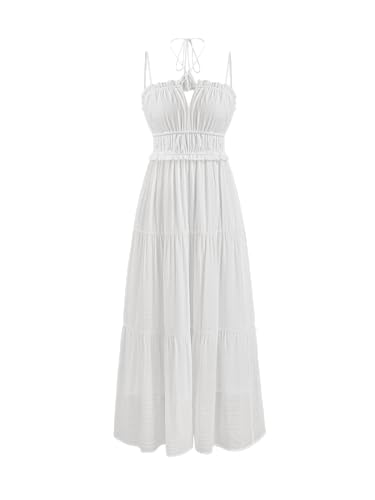 CIDER Maxi Dresses Women White Spaghetti Strap Backless Flowy Summer Boho Vacation Dress Beach Outfits