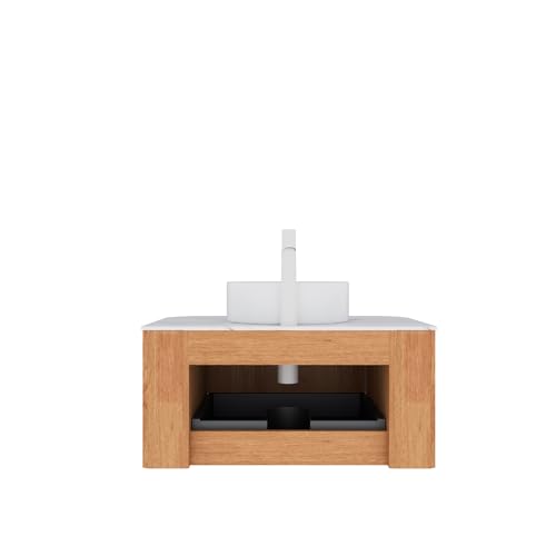 Image of KEIKI 30 inch Bathroom Vanity Cabinet with Sink Combo, Wall Mounted Curved Edges Striped Floating Bathroom Vanity with Soft-Close Drawer, White Round Ceramic Basin Without Faucet, Natural Wood