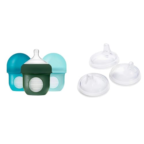 Image of Boon Nursh Reusable Silicone Baby Bottles with Collapsible Pouch - Stage 1 Slow Flow - Blue - 4 Oz - 3 Count and Transitional Sippy Cup Lids for Nursh Bottles - 3 Count