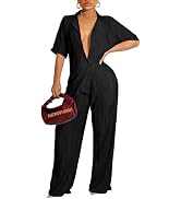 Ekaliy Women's 2 Piece Casual Pleated Outfits Short Sleeve Button Down Shirt High Waist Wide Leg ...