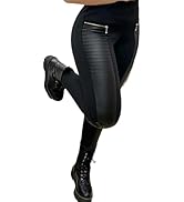 Flamingals Faux Leather Mid Waisted Tummy Control Motorcycle Leggings for Women Stretchy with Poc...