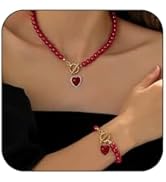 SAVNOJW Pearls Heart Necklace Bracelets Set for Women, Dainty Pearls Beaded Choker OT Buckle Love...