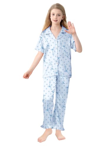 Umeyda Girls 3 Pieces Pajamas Sets Silk Satin Ruffle Sleepwear Short Sleeve Button-Down 3Pjs Nightwear, 5-14 Years4