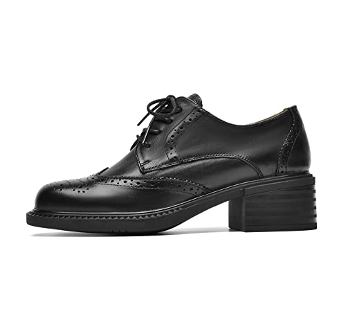 Zuyee Women Chunky Oxford Shoes Perforated Lace-Up Square Toe Classic Brogue,Low Block Heel Leather Pumps Dress Wedding Black Size 6.5 #TOP2