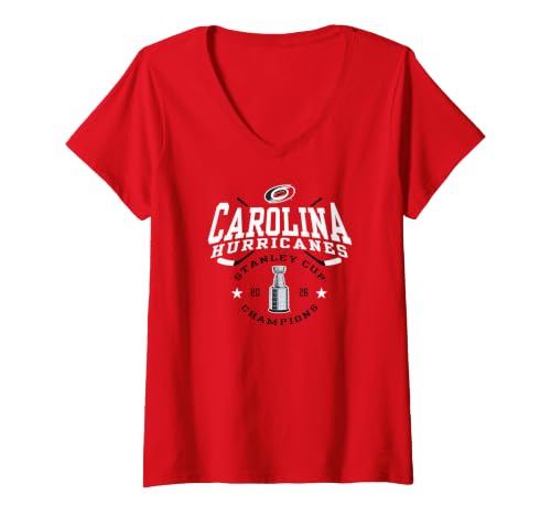 Women's Carolina Hurricanes Stanley Cup Champs 2026 Trophy Red NHL V-Neck T-Shirt