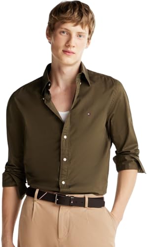 Tommy Hilfiger Camisa Hombre Flex Poplin Solid Regular Fit, Verde (Army Green), M