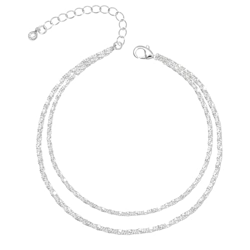 Sterling Silver Plated Flash Anklet Bracelets for Women Waterproof, Layered Blink Charm Anklets Non Tarnish, Dainty Boho Jewelry Gifts for Mom, Her, Wife, Girlfriend, Summer Beach Vacation Jewelry