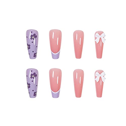 Vaveah 24 Pcs Press on Nails Coffin for Women, Extra Long Fake Nails Glue on Nails, False Nails with Glue (Pink Mixed Purple Flower) - Thumbnail 4