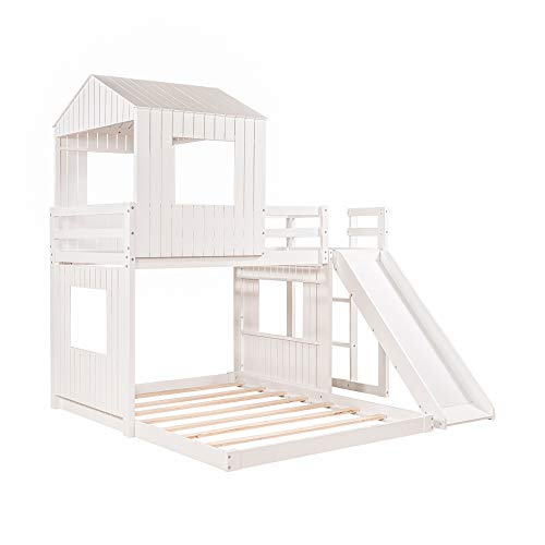Harper & Bright Designs House Bed Bunk Beds With Slide, Wood Bunk Beds With Roof And Guard Rail For Kids, Toddlers, No Box Spring Needed #TOP3