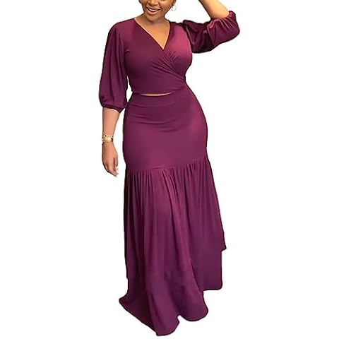 lovecarnation Summer Dress 2 Piece Outfits For Women V-neck Bandage Half Sleeve Tops Maxi Skirt Dress 10221 Purple M Cover