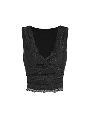 Image of CIDER Lace Crop Tank Tops for Women Going Out V Neck Sleeveless Ruched Tops Trendy Y2K Summer Outfits