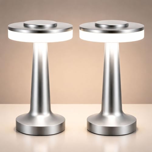 Image of Riakrum 2 Pcs LED Cordless Table Lamp Bulk Rechargeable,Silver | Portable Wireless Lamps, 3 Color Stepless Dimming, 15 Hour Battery, Touch Control, Wedding Home Restaurant Decor