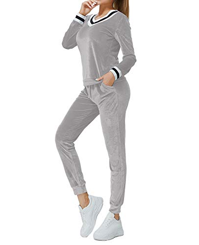 MINTLIMIT Damen Trainingsanzug Velours Hausanzug Nicki Jogginganzug Zweiteiler Samt Schlafanzug Lang Streifen Sportanzug Sweatsuits Flanell Oberteil und Hose mit Taschen Cover