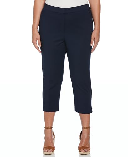 Rafaella Women's Plus Size Satin Twill Capri Pants with Grommets, Elastic Waistband, Stretch Fabric, Slimming, Curvy Fit