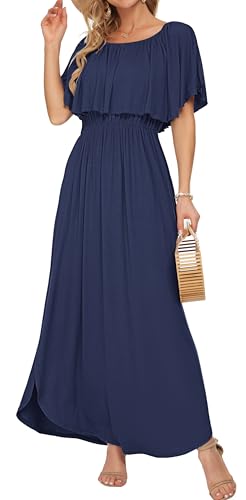 Image of AUSELILY Womens Off Shoulder Ruffle Split Summer Maxi Dresses with Pockets | Off-shoulder Ruffle dress with empire waist & side split for summer beach and casual parties
