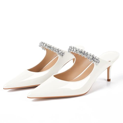 Image of XINIUNIU Heeled Mules for Women Rhinestone Heels Pointed Toe Slip On 2.5 Inch Kitten Stiletto Closed Toe Sandals Dress Wedding Pump Shoes