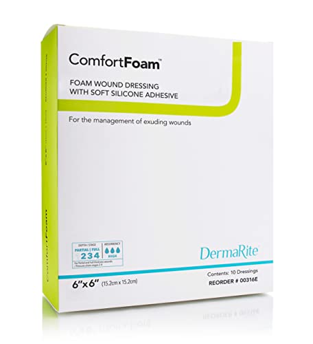 ComfortFoam Foam Wound Dressing, 6” x 6”, 10 Pack, Soft Silicone Adhesive, Highly Absorbent, Latex Free, Self-Adherent, Flexible, Cut to Fit